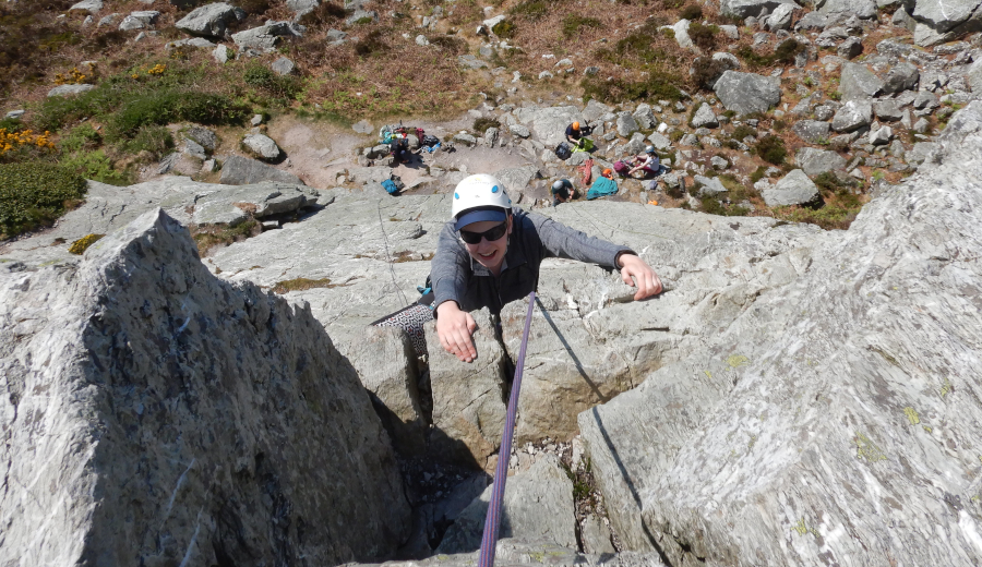A hen doing rock climbing in Snowdonia North Wales